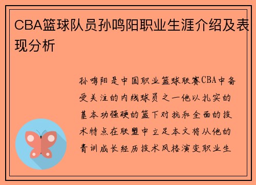 CBA篮球队员孙鸣阳职业生涯介绍及表现分析