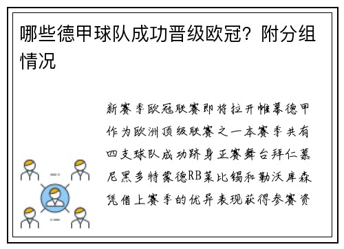 哪些德甲球队成功晋级欧冠？附分组情况